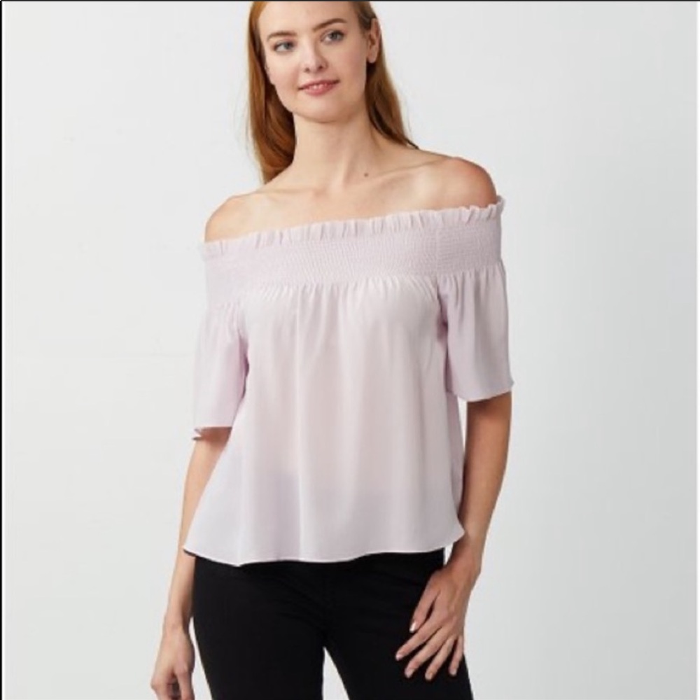 Powder Lilac Smocked Silk Off-Shoulder Top